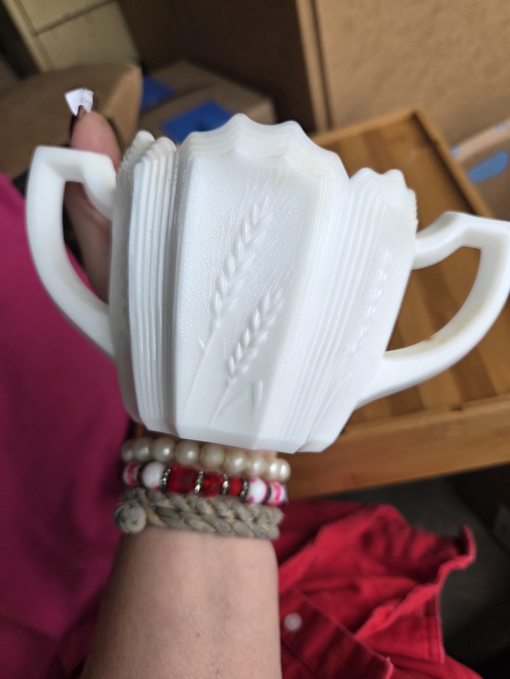White Decorative Milk Glass Sugar Bowl with Wheat Motif